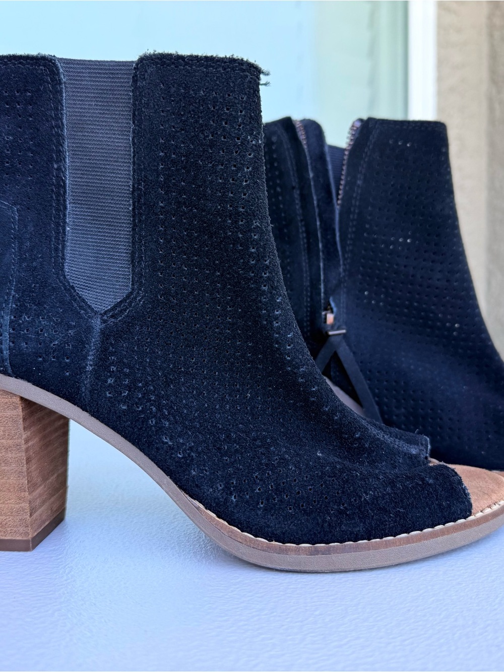 Toms Black Suede Peep-Toe Block Heel Ankle Booties